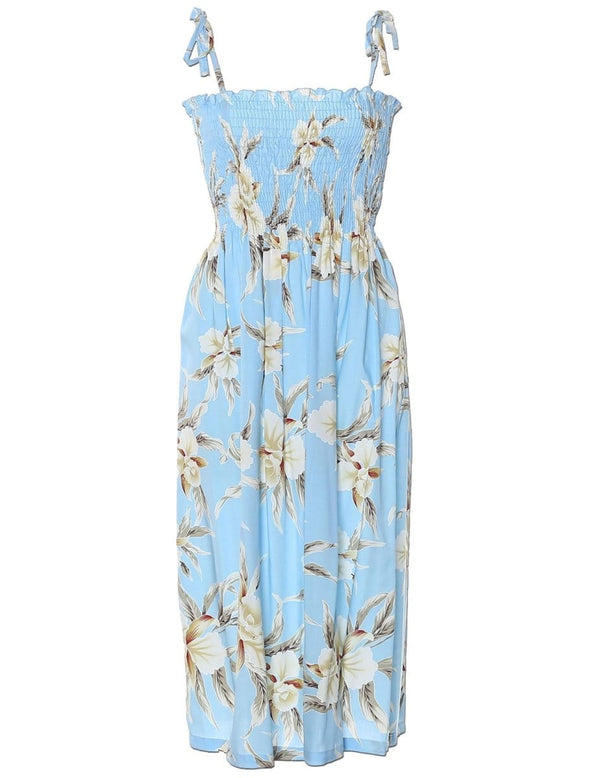 Smock Hawaiian Dress Malana Orchids Light Blue Fits XS to XL (2-16)