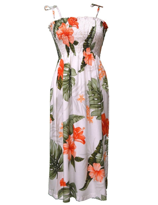 Smock Hawaiian Dress Waipio Hibiscus White Fits XS to XL (2-16) KY