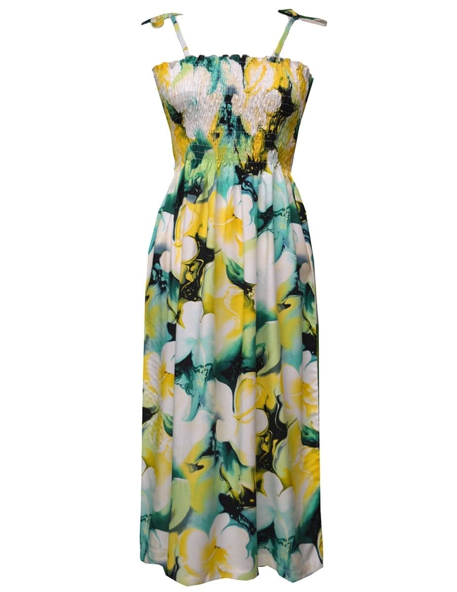 Smock Hawaiian Dress Watercolor Makawao Forest Yellow / Fits XS to XL (2-16) Smock Hawaiian Dress Watercolor Makawao Forest Yellow / Fits XS to XL (2-16)