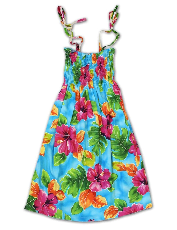 Smock Top Girl's Dress Hibiscus Watercolor Blue