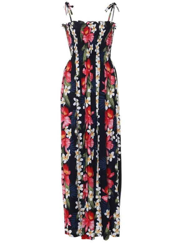 Smock Top Maxi Hawaiian Dress Plumeria Orchid Panel Navy Fits XS to XL (2-16)