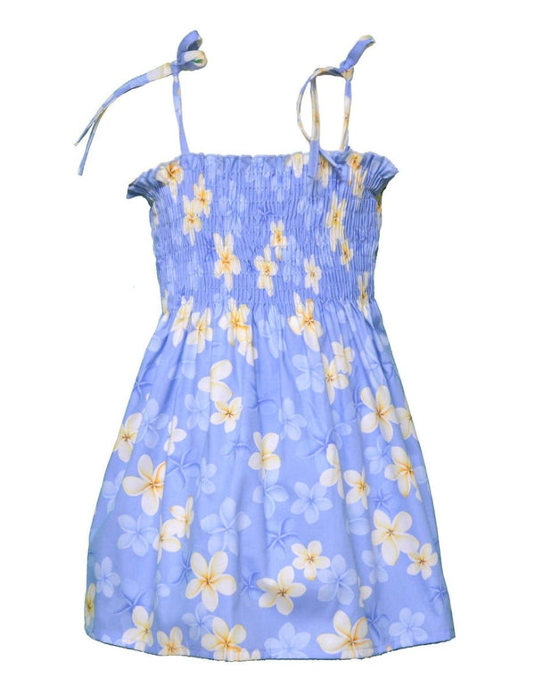 Smock Tube Top Flower Dress for Girls Plumeria Blue