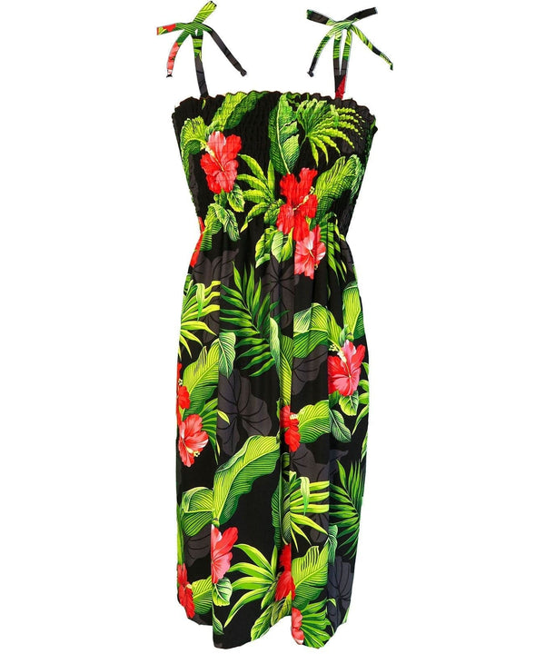 Smock Tube-Top Short Hawaiian Dress Ewa Hibiscus Black