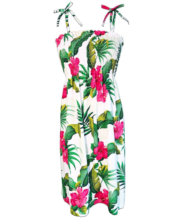 Smock Tube-Top Short Hawaiian Dress Ewa Hibiscus White