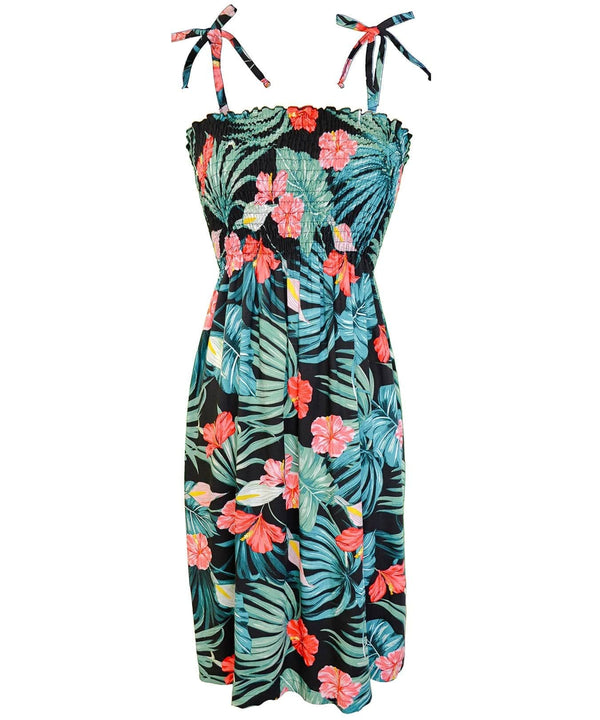 Smock Tube-Top Short Hawaiian Dress Palms Hibiscus Black