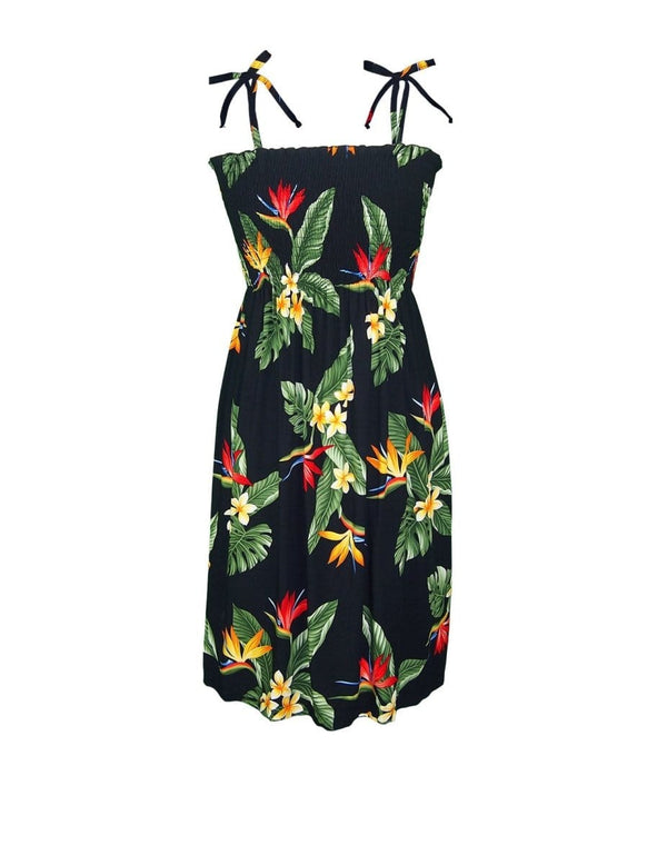 Smocked Hawaiian Dress Birds of Paradise Black