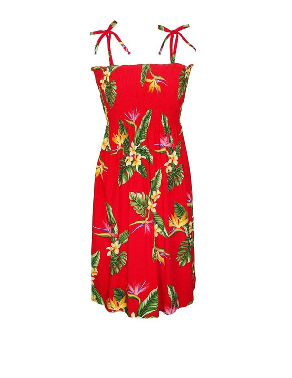 Smocked Hawaiian Dress Birds of Paradise Red