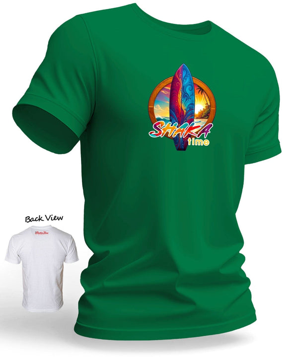 Hawaii Sunrise Surfboard Shaka Time T-Shirt Green