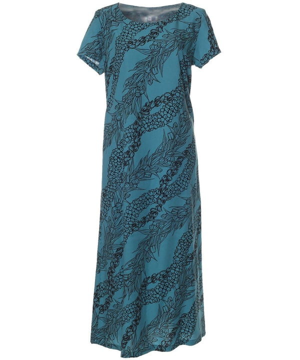 Maxi Long Hawaiian Dress Signature Lei with Sleeves Teal Mae Young Designs