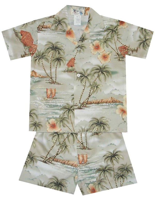 Toddler Boy's Aloha Shirt and Shorts Set Paradise of Kauai Green KY