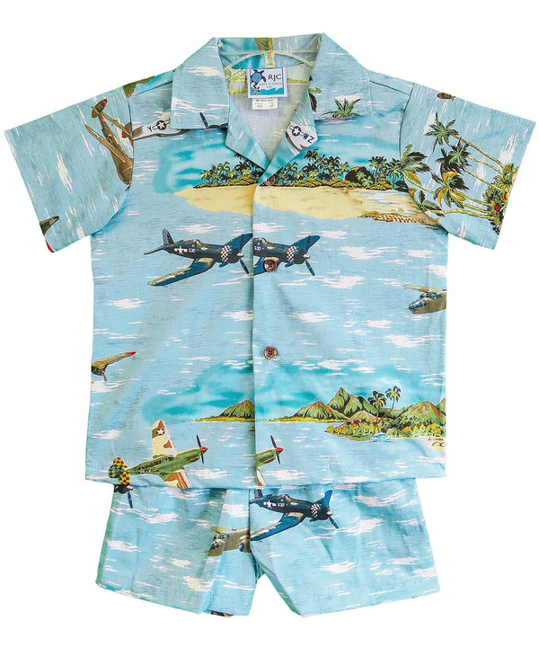 Spitfire Pacific Airplanes Toddler Boy's Hawaiian Clothes Set Blue