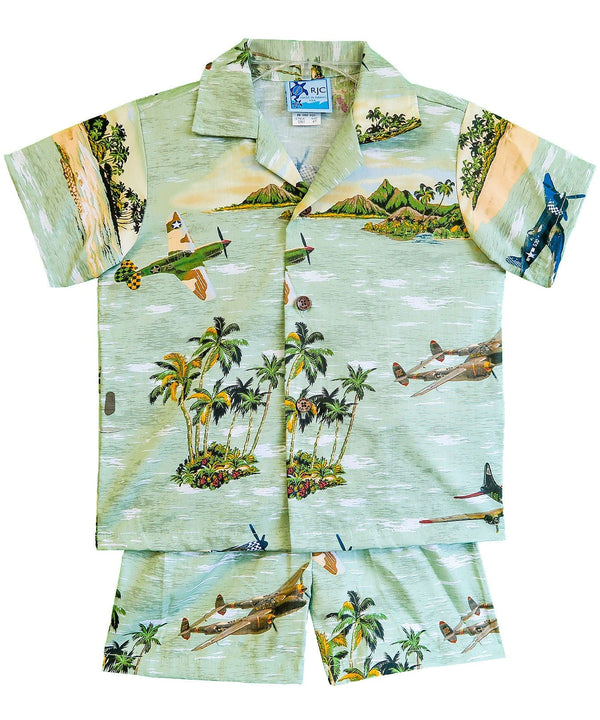 Spitfire Pacific Airplanes Toddler Boy's Hawaiian Clothes Set Green