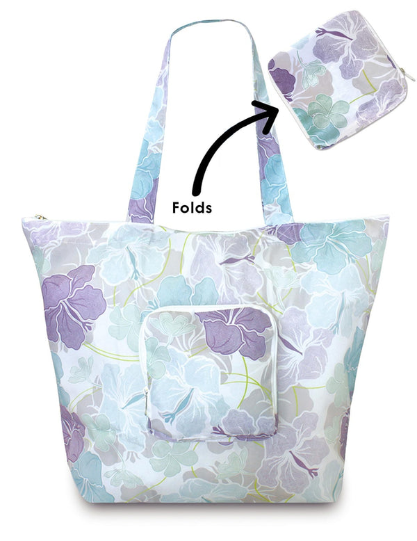 Modern Hibiscus Foldable Tote Handbag Purse Lilac