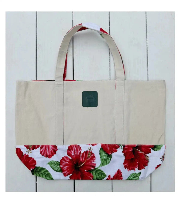 Large Tote Handbag White Hibiscus White