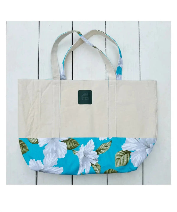 Large Tote Handbag White Hibiscus Aqua