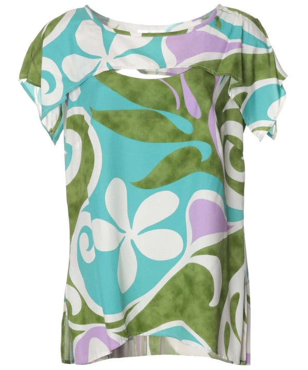 Traveler Aloha Front Cutout Scarf Top Blouse Green
