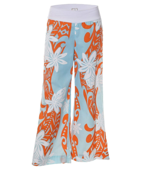Tribal Plumeria Palazzo Pants Wide-Leg Light Blue
