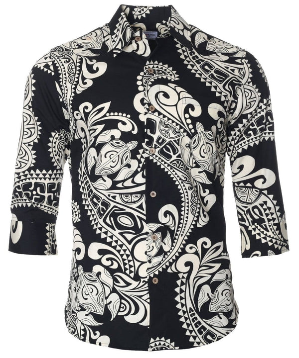 Tribal Polynesian 3/4 Sleeves Hawaiian Black Shirt Black