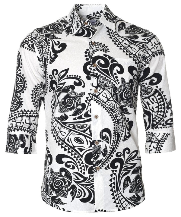 Tribal Polynesian 3/4 Sleeves Hawaiian White Shirt White