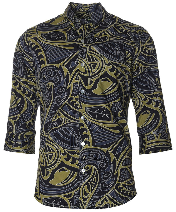 Tribal Aloha 3/4 Sleeves Hawaiian Shirt Black