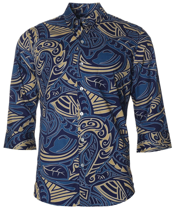 Tribal Aloha 3/4 Sleeves Hawaiian Shirt Navy