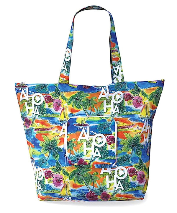 Tropical Aloha Deluxe Foldable Tote Bag Blue