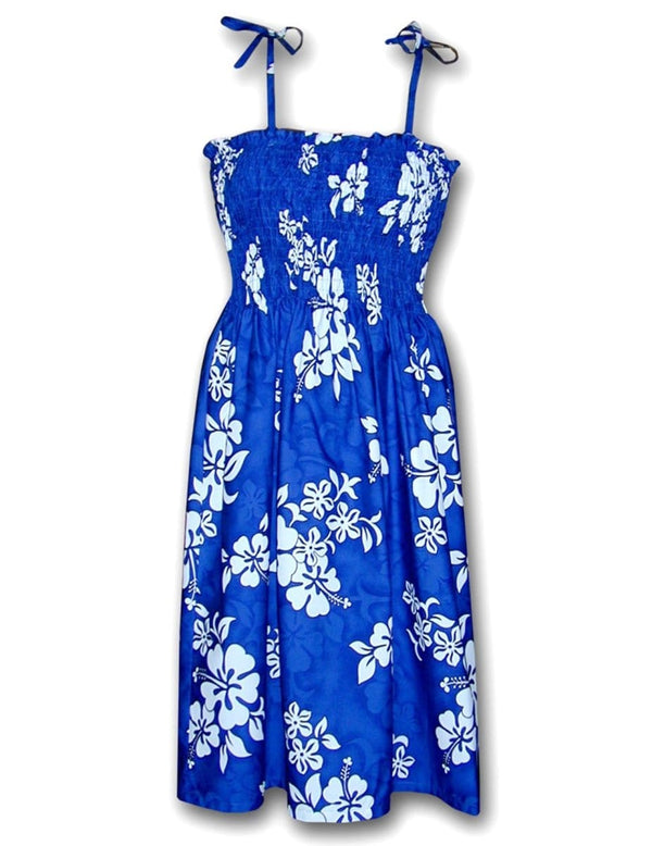 Tropical Hibiscus Smock Midi Tube-Top Dress Blue Fits XS to XL (2-16) Pacific Legend