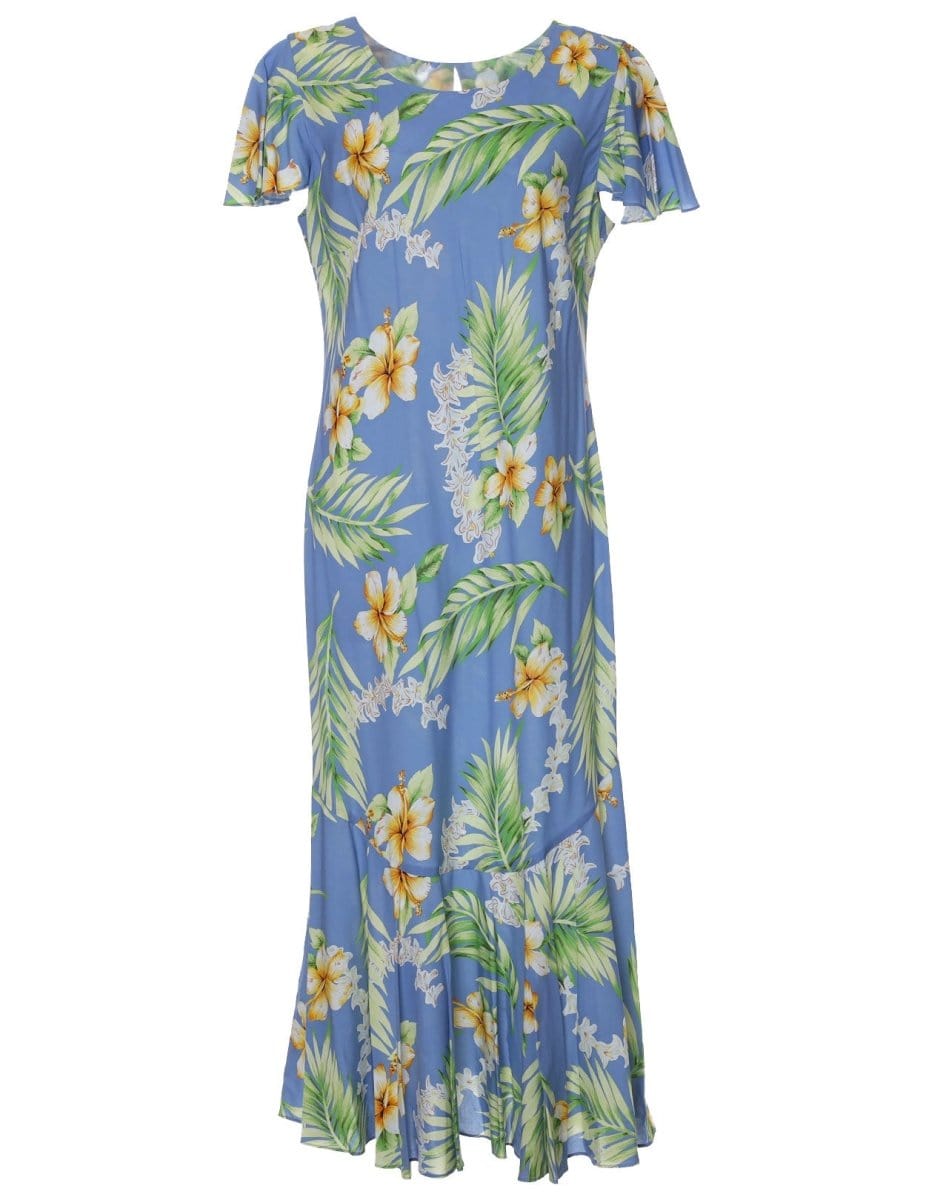 Island Tuberose Maxi Hawaiian Dress Cap Sleeves Ocean Blue / 2XL Island Tuberose Maxi Hawaiian Dress Cap Sleeves Ocean Blue / 2XL