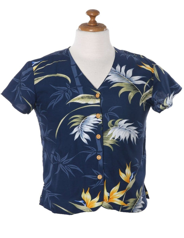 V-Neck Blouse Hawaiian Bamboo Paradise Navy