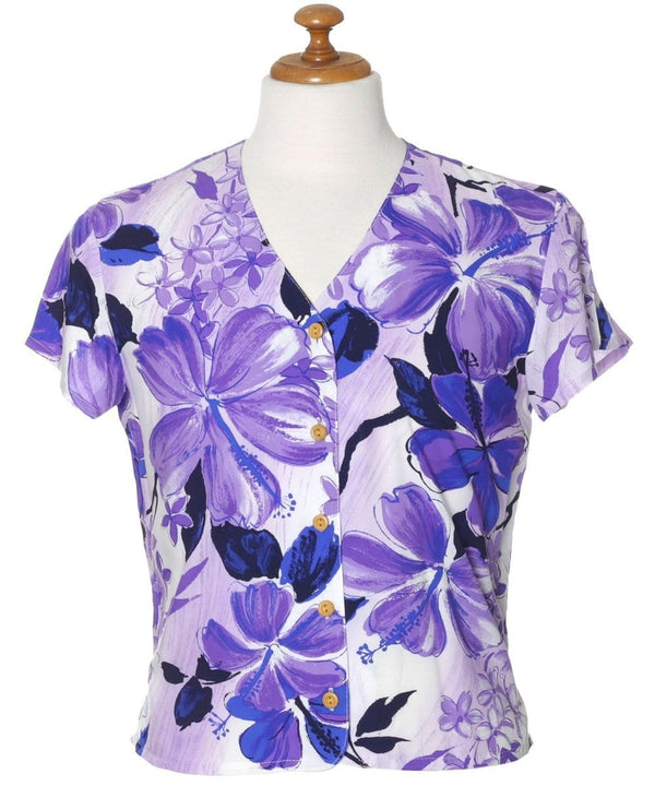 V-Neck Women's Hawaiian Shirt Watercolors Hibiscus Purple