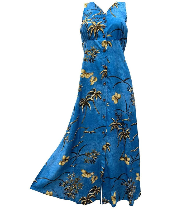 Retro Oasis Palms Long Maxi Cocktail Hawaiian Dress Cool Water