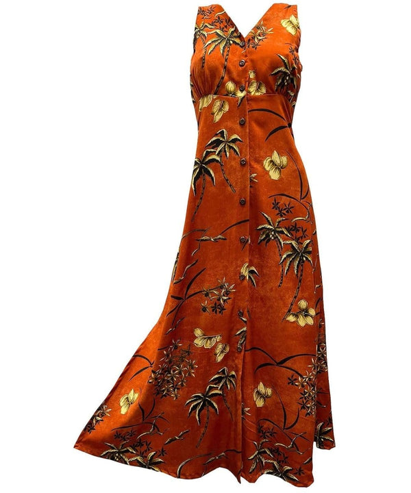 Retro Oasis Palms Long Maxi Cocktail Hawaiian Dress Rust