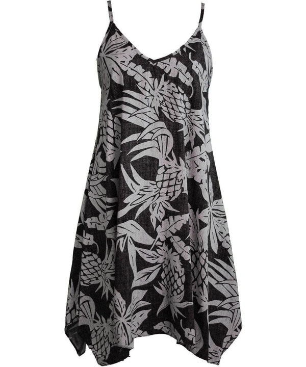 Viva Pineapples Scarf Hem Short Hawaiian Dress Black