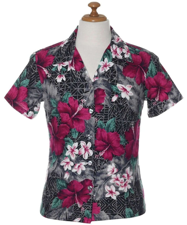 Watercolor Hibiscus Hawaiian Fitted Blouse Charcoal