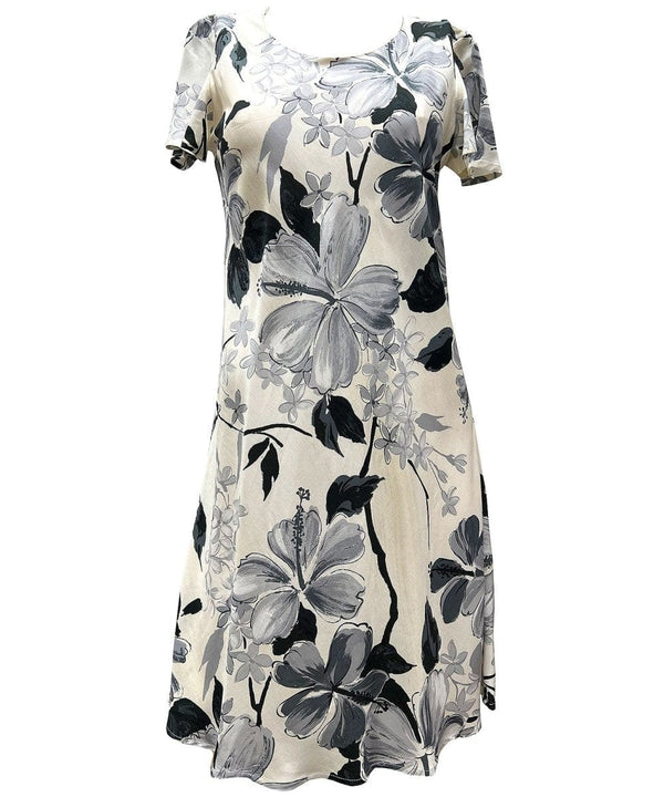Watercolor Hibiscus Hawaiian Dress with Cap Sleeves Gray