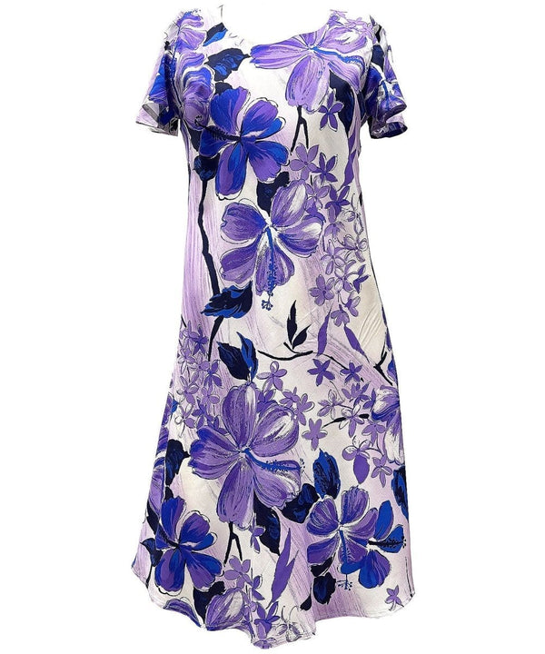 Watercolor Hibiscus Hawaiian Dress with Cap Sleeves Purple
