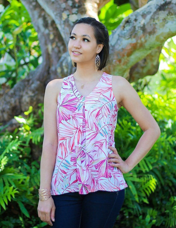 Watercolors Palms Inverted Pleat Top with V-Neck
