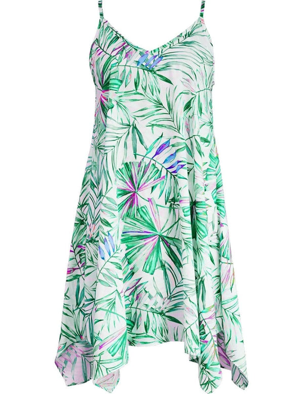 Watercolors Palms Short Hawaiian Dress with Scarf Hem Green