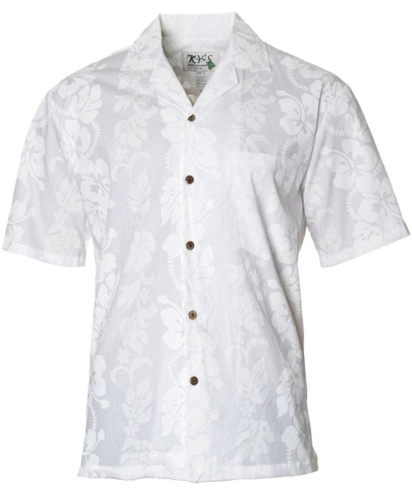 White Hawaiian Shirt Hibiscus Leis White