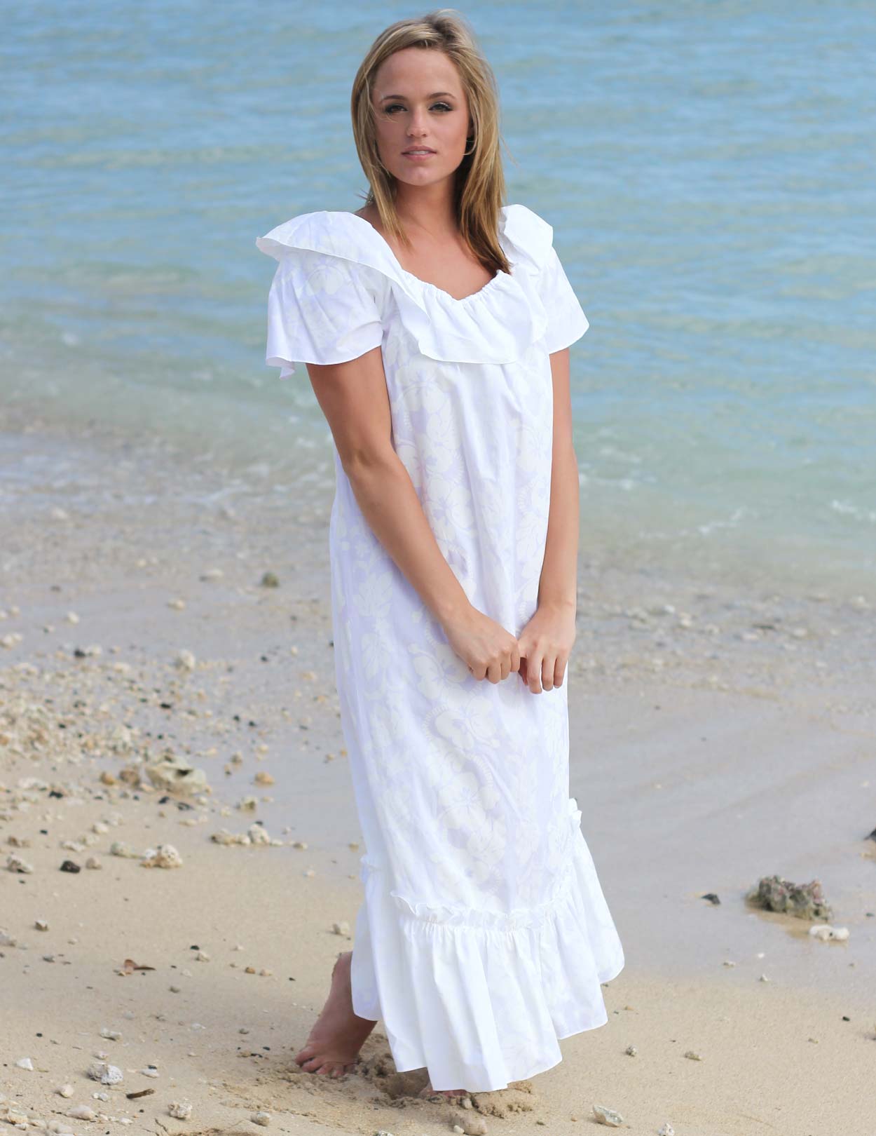 White Long Ruffled Hawaiian Muumuu Hibiscus Leis