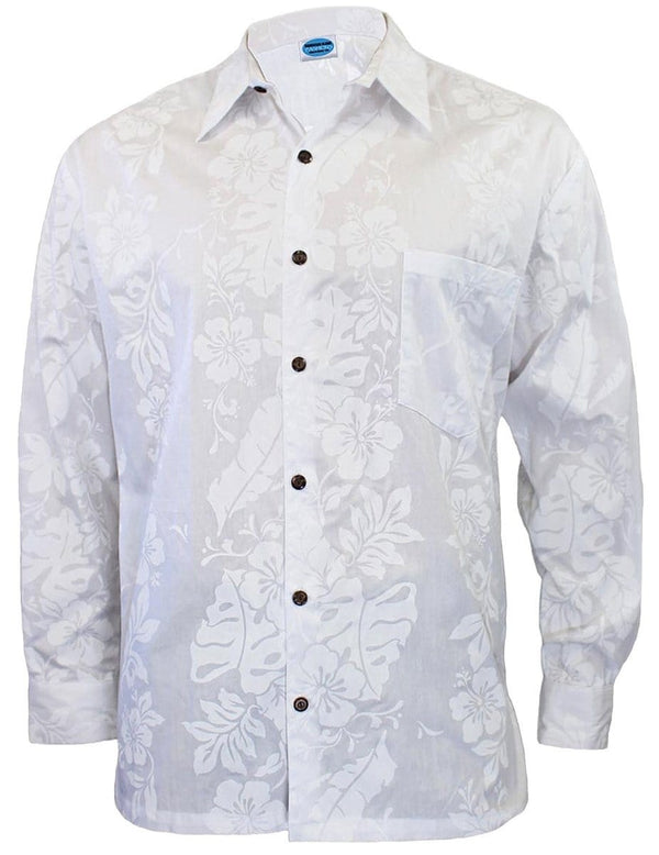 White Long Sleeve Men Hawaiian Shirt Honolulu City of Leis White