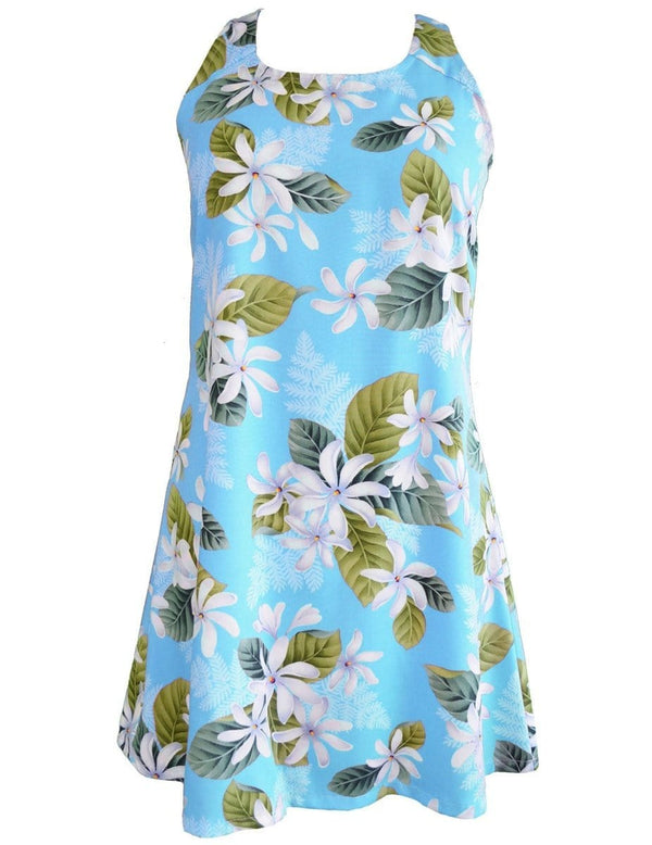 White Tiare A-Line Short Hawaiian Dress Back Cutout with Tie Sky Blue