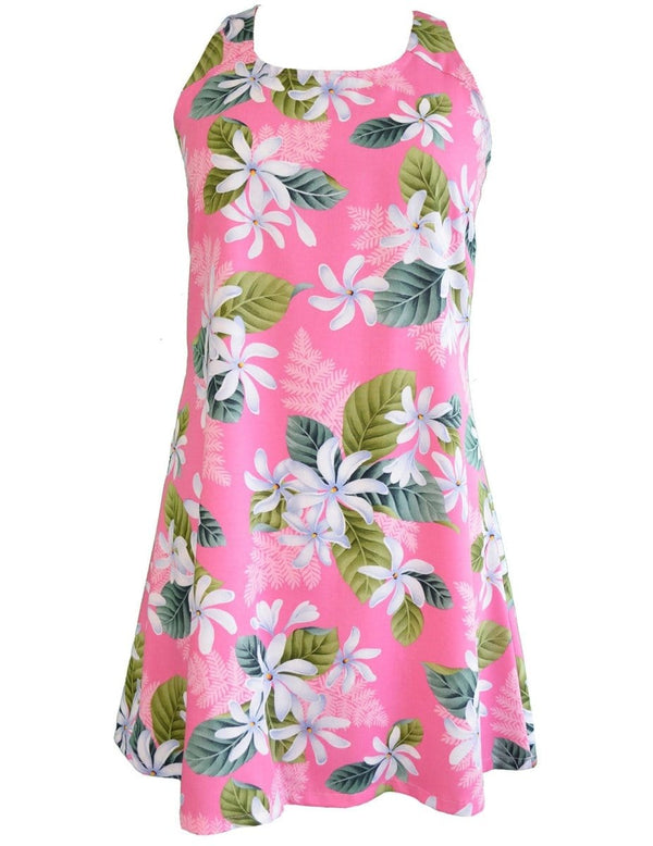 White Tiare A-Line Short Hawaiian Dress Back Cutout with Tie Pink