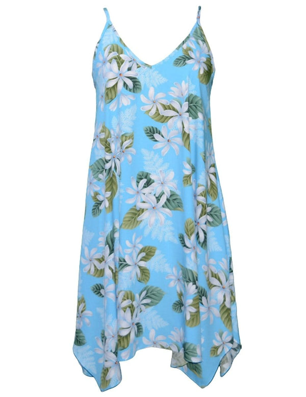White Tiare Short Hawaiian Dress with Scarf Hem Sky Blue