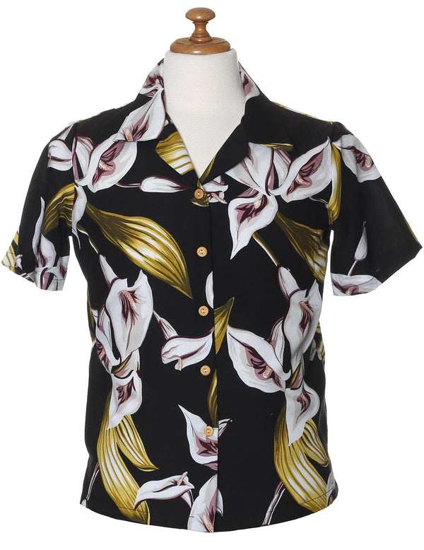 Camp Blouse for Women Magnum PI Calla Lily Black