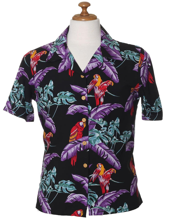 Camp Blouse Jungle Bird Parrots Magnum PI Design Black