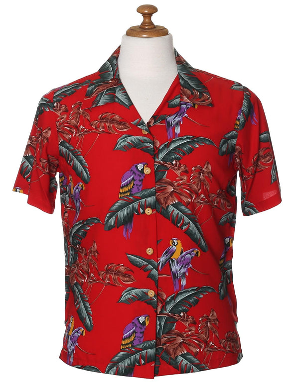 Camp Blouse Jungle Bird Parrots Magnum PI Design Red