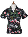 Tropical Flamingos Camp Shirt for Women Black