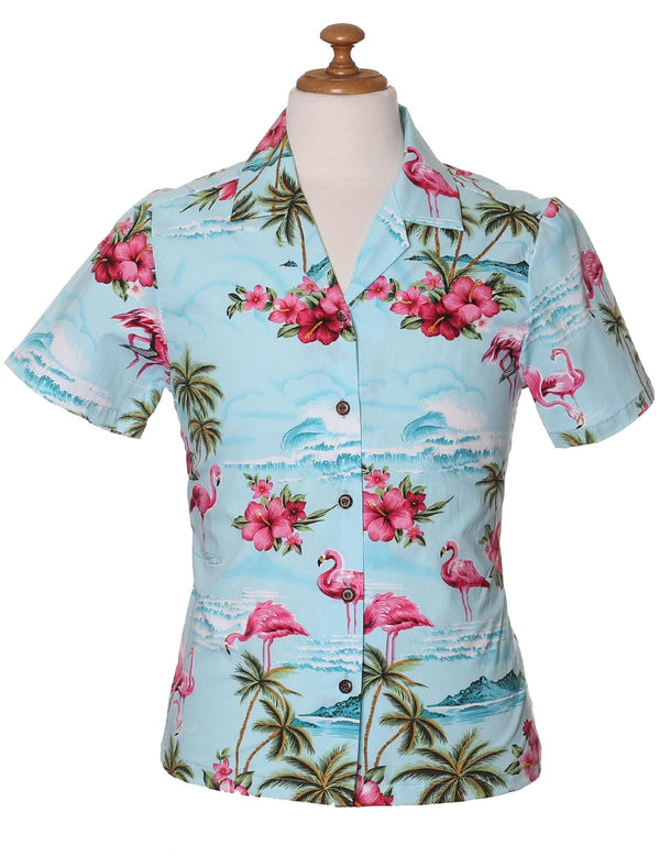 Tropical Flamingos Camp Shirt for Women Light Blue