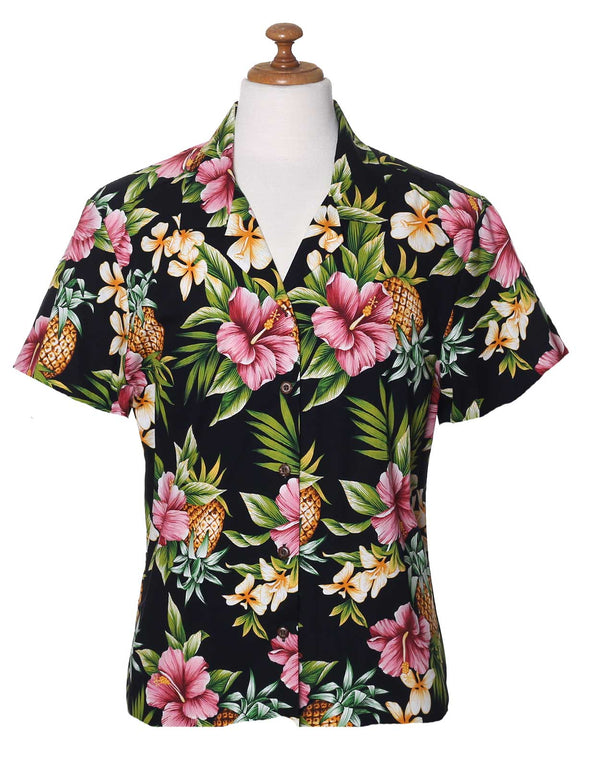 Hibiscus Pineapples Valley Camp Shirt for Women Black